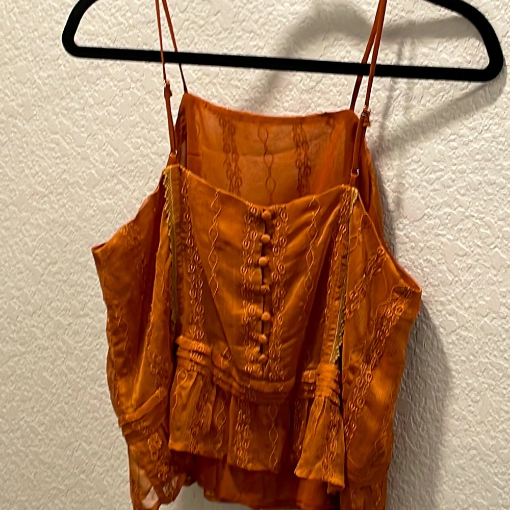 J.O.A. Burnt orange womens S tank top BoHo embroidered lace ruffle buttons tucks